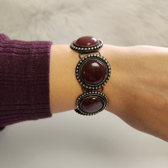 Vintage Artisan Silver Tone Faux Garnet Bracelet Boho Bohemian Jewelry 1990s - Picture 1 of 5